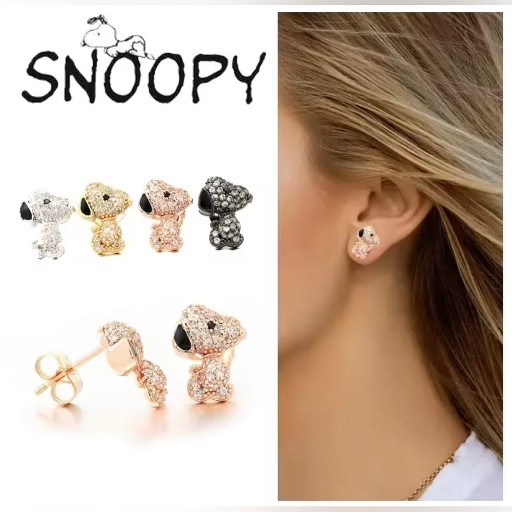 18K Gold Plated Snoopy Peanuts Theme Pave Diamond Inlay Character Earrings - Picture 2 of 5